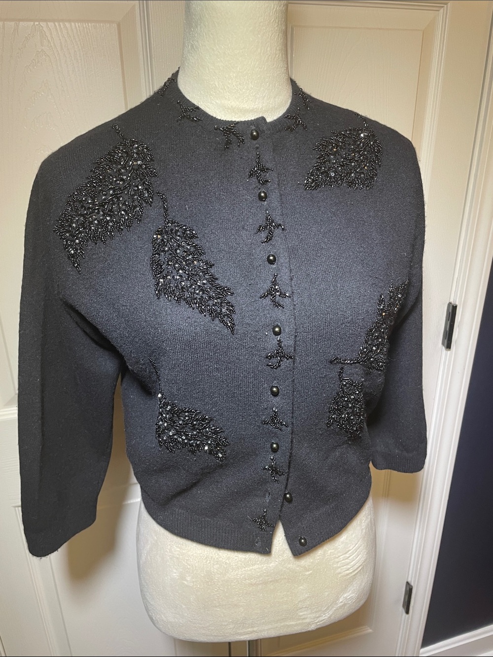 Vintage 50s/60s Bonnie Wong Black Beaded Wool Angora Cardigan Sweater Size Small